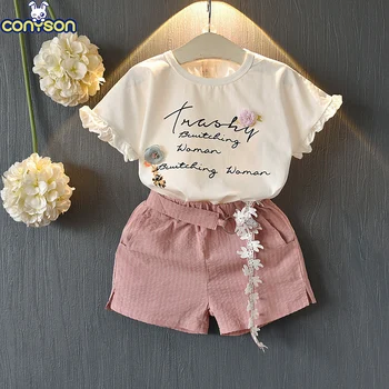 Conyson New Summer Fashion Girl's Infant Casual Print Ruffle Short Sleeve Suit 2-7 Years Little Girl Matching 2 pieces Girl sets