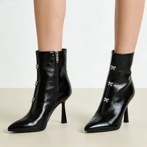 Women's Black Patent Leather Stiletto Ankle Boots Pointed Toe High Heel Booties with Bowknot Diamond Decor