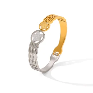 MW Open Hammered Hollow Pentagram Flower Star Stainless Steel 18K Gold Plated Cuff Stainless Steel Bangle Bracelet Women Jewelry