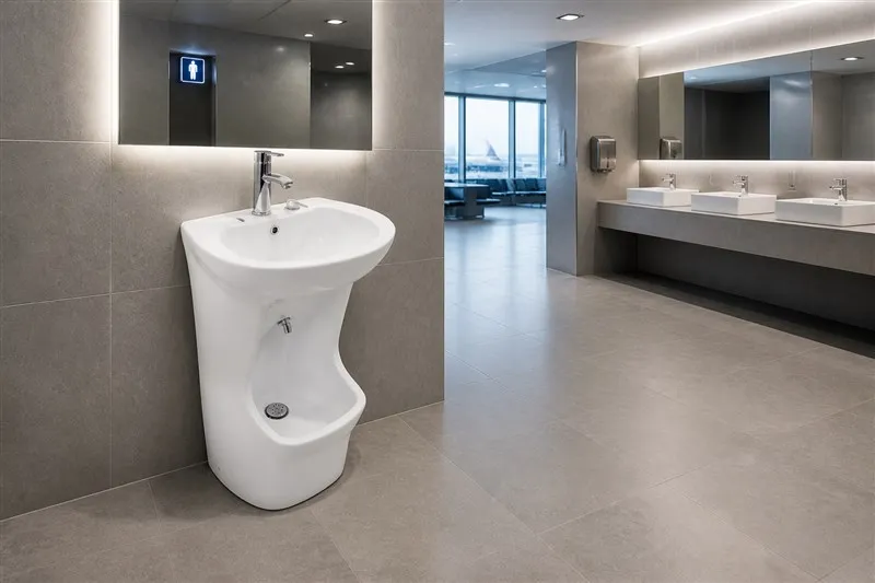 info-1-1 White ceramic wudu basin in a modern airport washroom with grey stone tiles