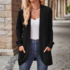 2025 New Women's Clothing Solid Color Long-Sleeved Women's Coat Fashion Pocket Knit Top