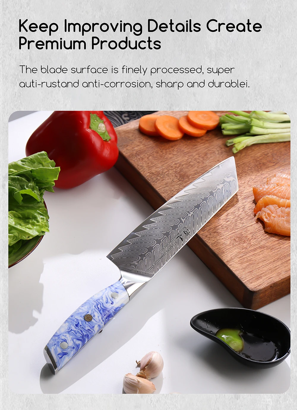 Cuchillo de chef SHANGDAO Kiritsuke de 8 pulgadas, cuchillo rebanador de cocina de acero de Damasco forjado con mango de resina azul y blanca - Espiga completa_voghion.com