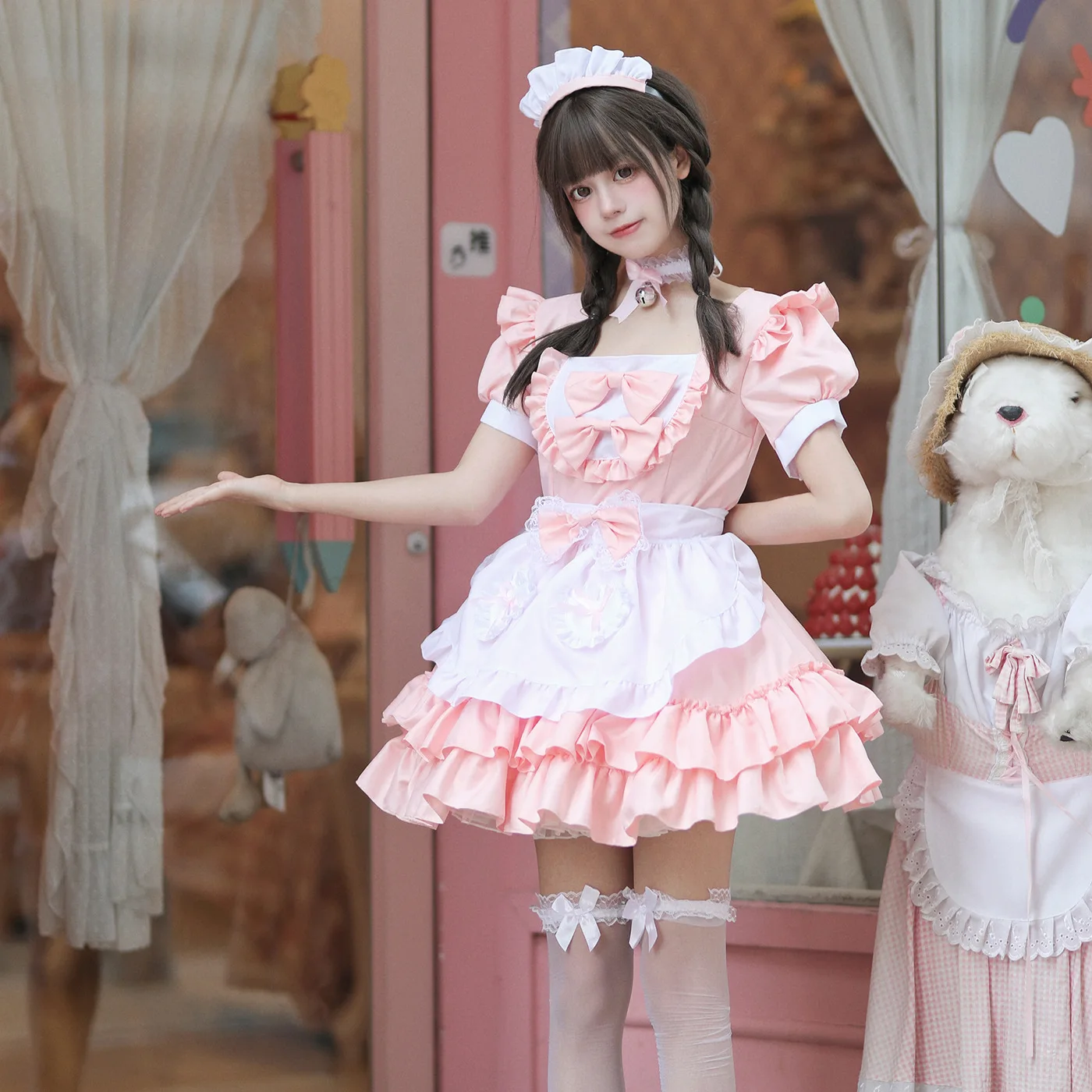 maid dress pink Gothic Black Sweet Lolita Women's Bowknots  Kawaiies 55kg Height Pink & White PVC Maid