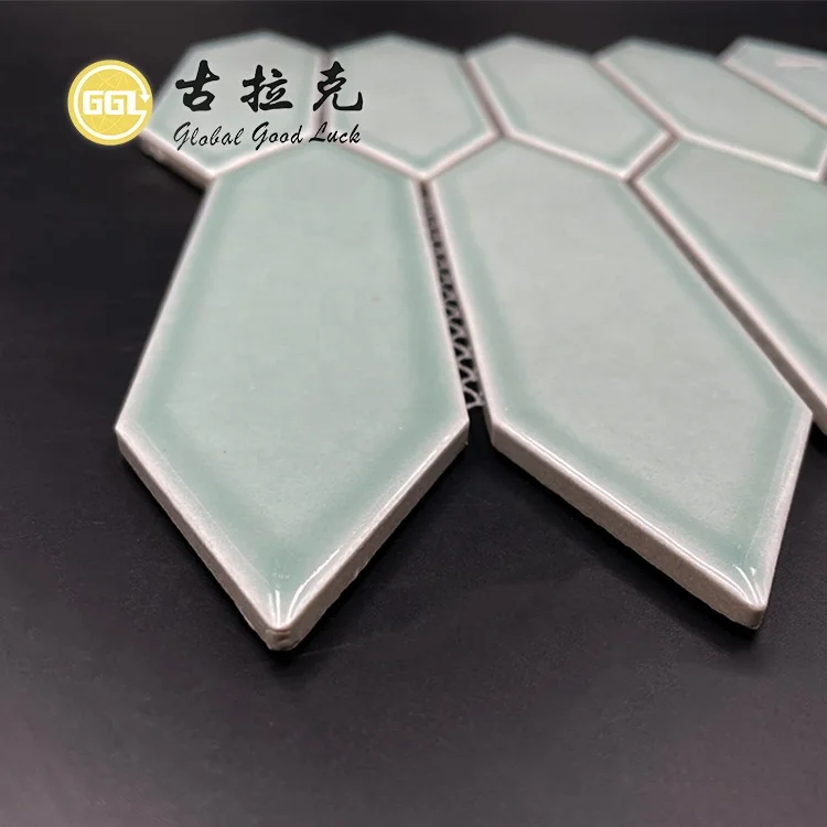 Light Green Long Hexagon Shape Glossy Mosaic Ceramic For Bathroom Wall Tiles supplier