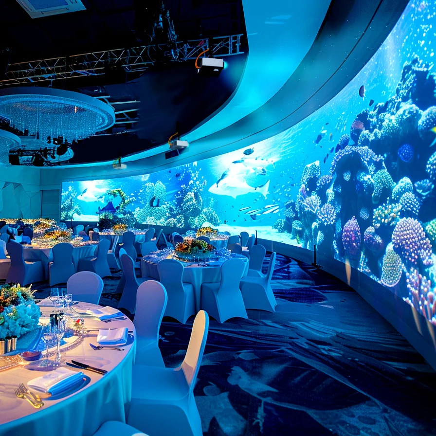 3D immersive projection mapping for walls and floor room with 360 degree visual for restaurants and wedding