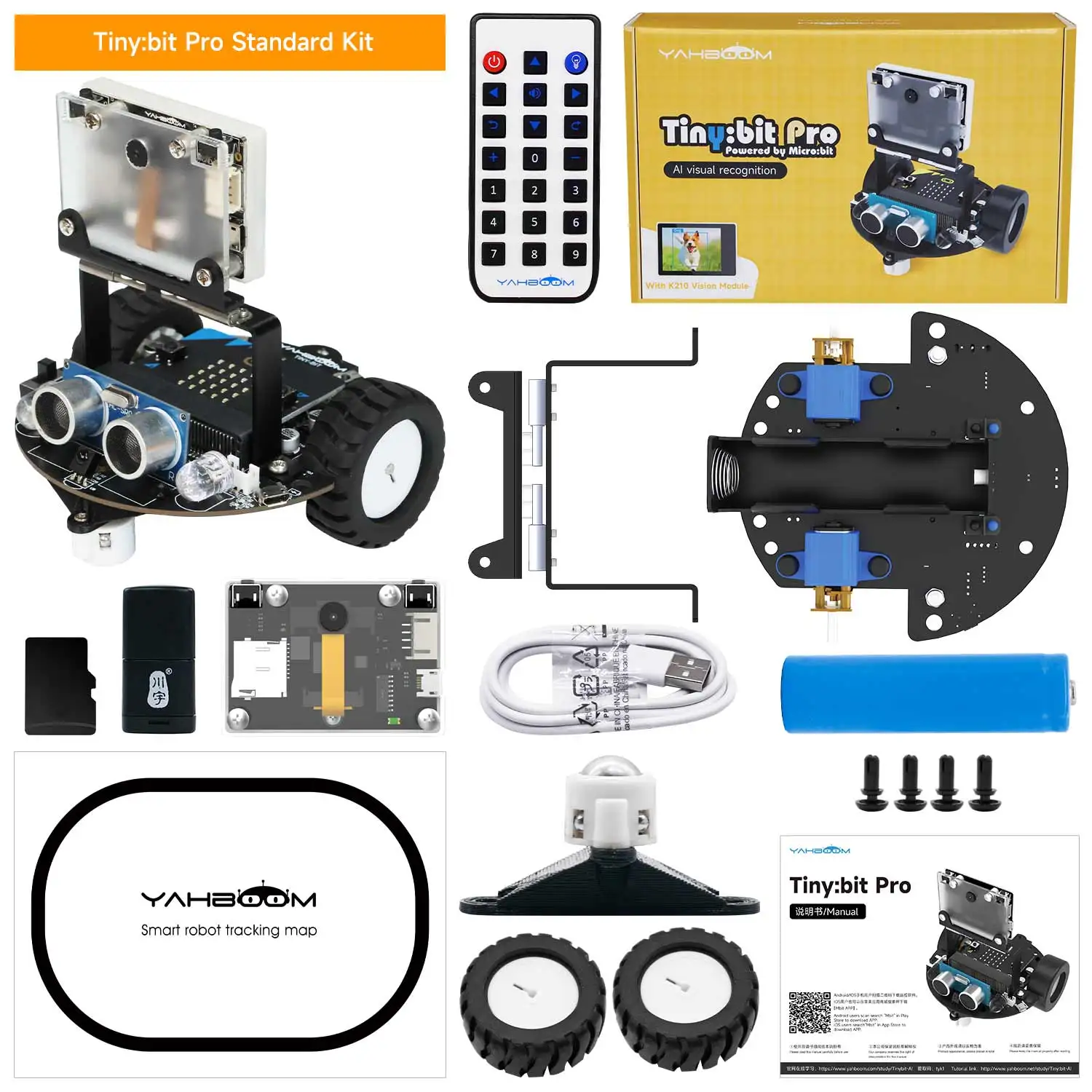 Yahboom Tiny Bit Pro AIビジュアルロボットカー、マイクロビットV2ベースのPythonプログラミング用K210モジュール