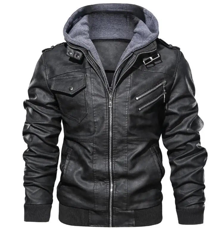 Men Motorbike Pu Leather for Winter Custom Design Zipper Up Casual Motorcycle Jacket with Hood_voghion.com