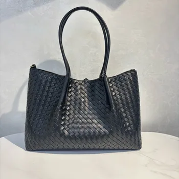 2025 New Woven Leather Tote Bag for Women Large Capacity Portable Messenger Shoulder Underarm Bag Genuine Leather Open Closure