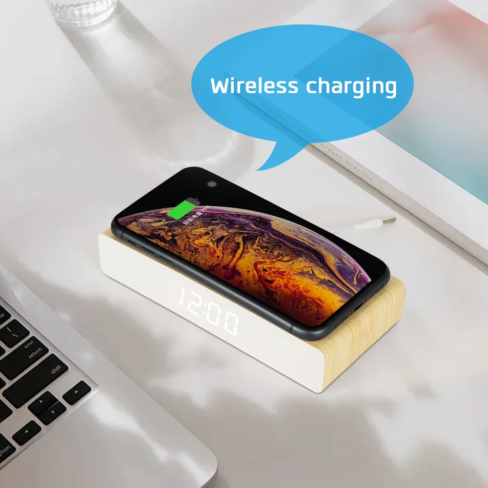 Деревянная Беспроводная деревянная зарядка будильника Led Qi Быстрая зарядка для телефона часы
