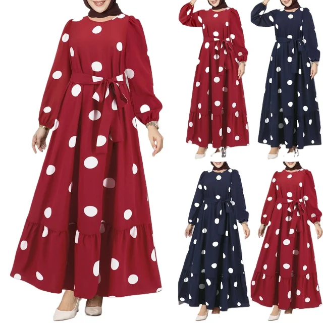 1428 round neck dot belt A shape dress women's clothing muslin arab street sexy casual dresses ethnic vestidos elegantes