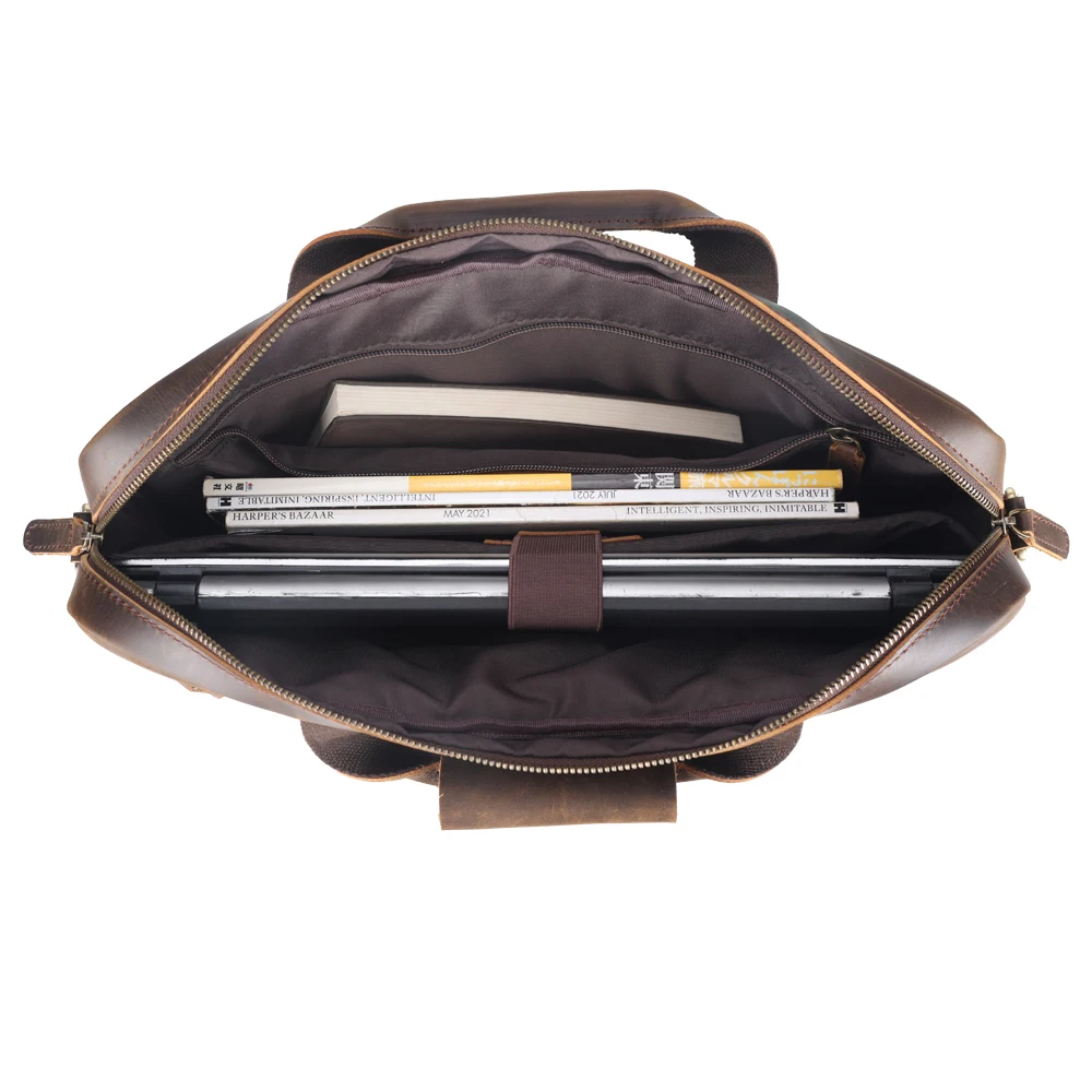 Men Genuine Leather Computer Laptop Briefcases Crazy Horse Leather 15.6 Inches Laptop Full Grain Leather Briefcase Business Bag