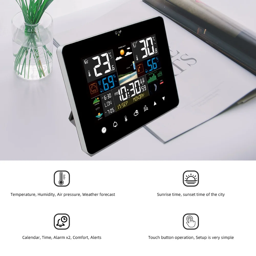 Weather Station with Touch Screen Wall Clock Temperature Humidity Meter Table Desk Clocks with Outdoor Sensor