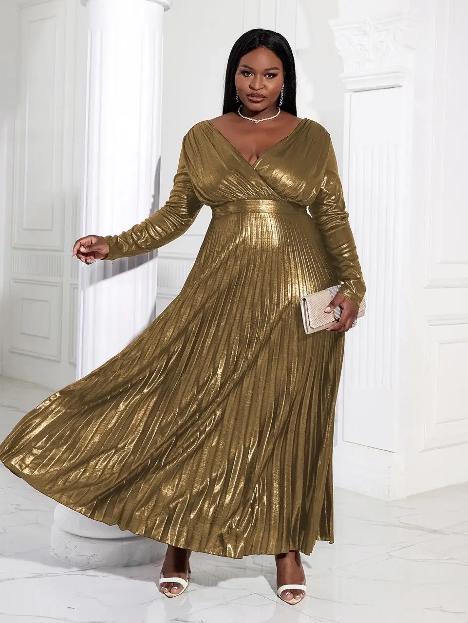 High Waist Shiny Elegant Gold Glitter Plus Size Women Dresses Pleated