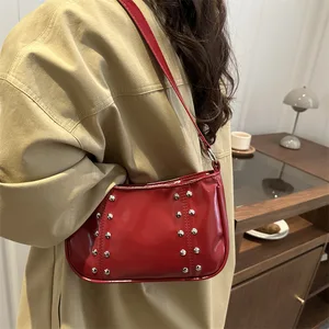 Rivet Underarm Bag Women Trendy Solid Color Glossy PU Delicate One Shoulder Bags Fashion Buckle Zipper Versatile Packs