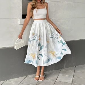 New Independent Station Floral Printed Midi Skirt Chiffon Material Button Decorative Leisure Summer Vacation