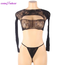 In stock black mesh long sleeve wire free bra set g string women lingerie set lace transparent plus size bra panty set