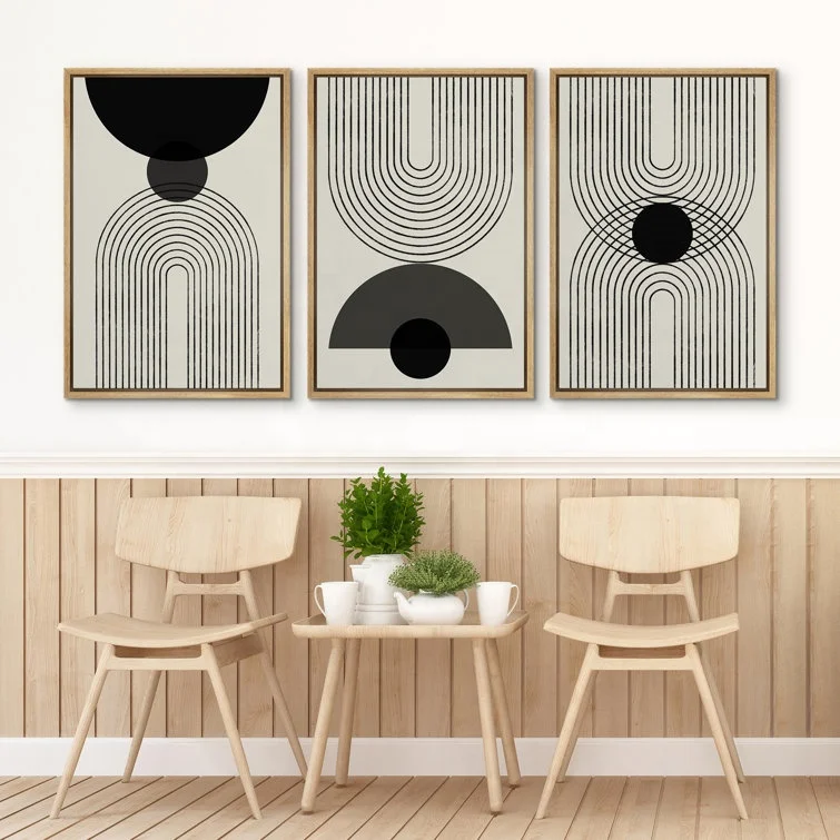 JIEKAI " Mid Century Modern Abstract Wall Art Black Semi-Circle an Line Parabola Framed Art " 3 - Pieces Wall Art