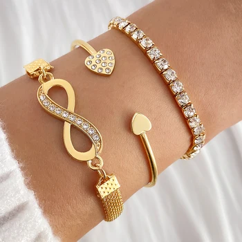 Full Diamond Jewelry Sets Custom Peach Heart Open Charm Bangle Bracelet Set Multilayer Infinity Heart Bracelet Jewel For Women