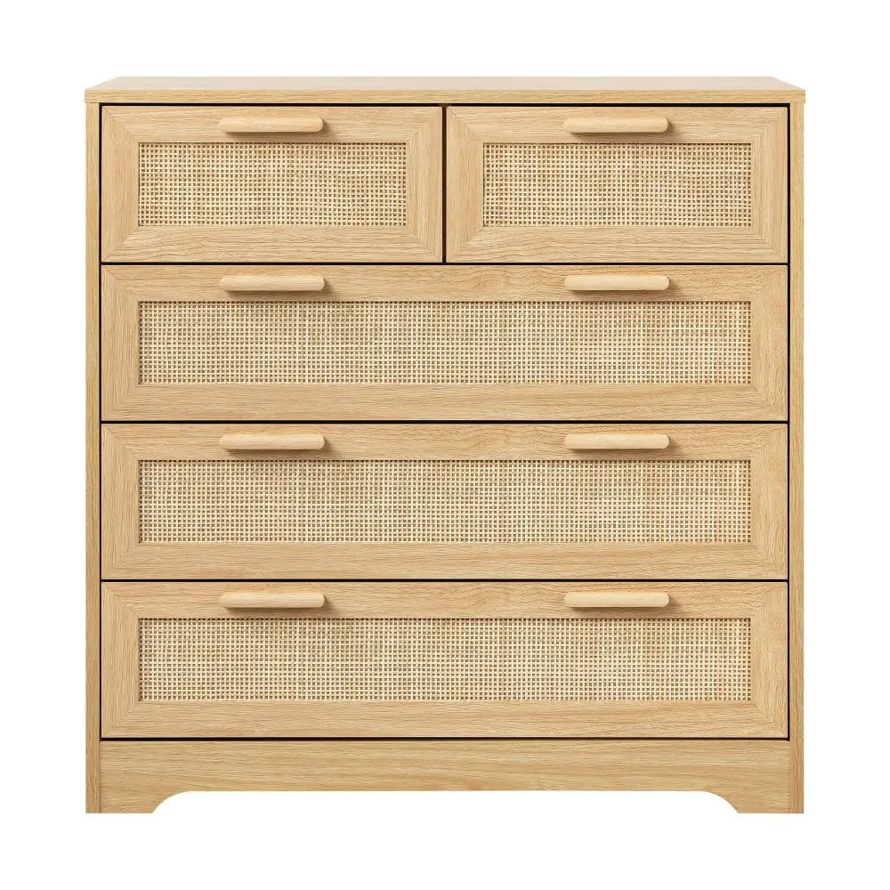 Japanese Rattan Front Chest of Drawers Wooden Storage Sideboard with 5 Drawers for Living Room
