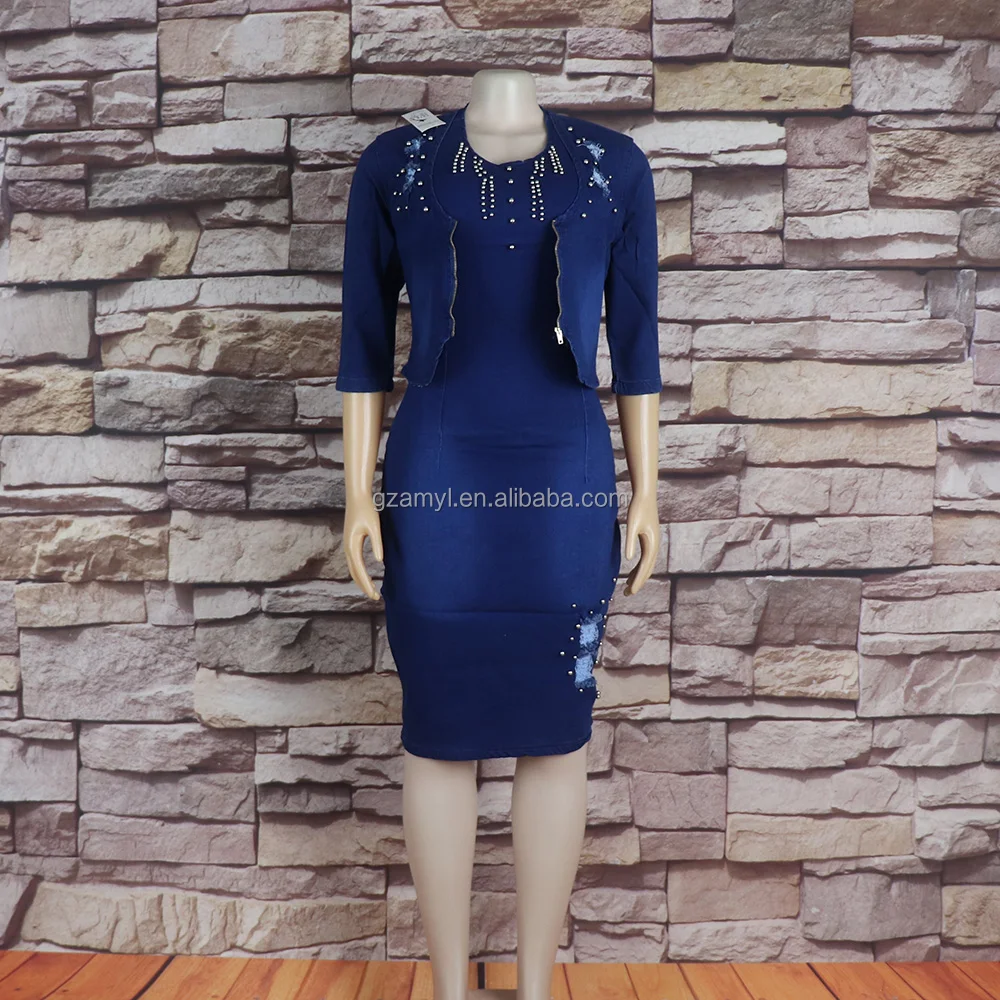 formal dress with denim jacket Womens Short-sleeve Denim Jacket And Black Dress Combo