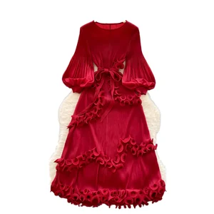 Customize European Court Style Empire Waist Solid A-Line Midi Dress Pleated Design Ruffles Elegant Long for Socialites High