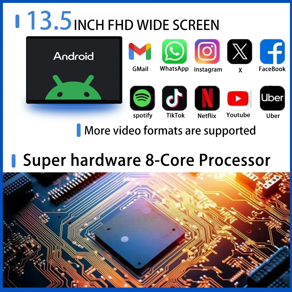 KANOR 13.5 Inch Car Tablet 8 Core HD 1920*1080 IPS Screen USB Android BT Wifi Rear Seat Touch Support Headrest Monitor
