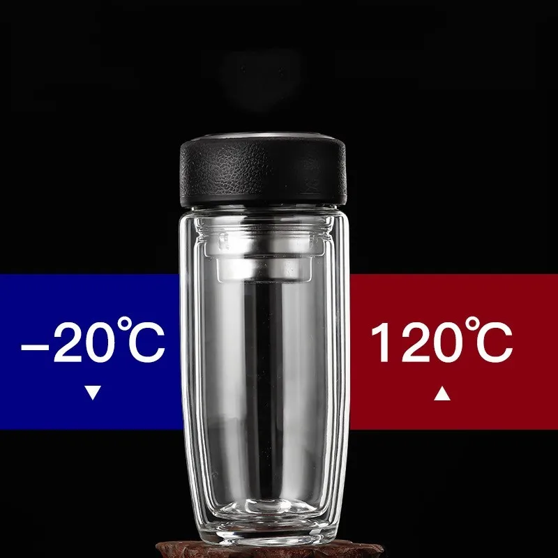 Custom High Borosilicate Double Layer Glass Water Cup with Stainless Steel Lid for Boiling Water for Drinking Water Bottles