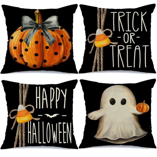 GEEORY 20x20 inch Set of 4 Trick or Treat Pumpkin Ghost Throw Pillow Covers for Fall Halloween Decorations Halloween Party