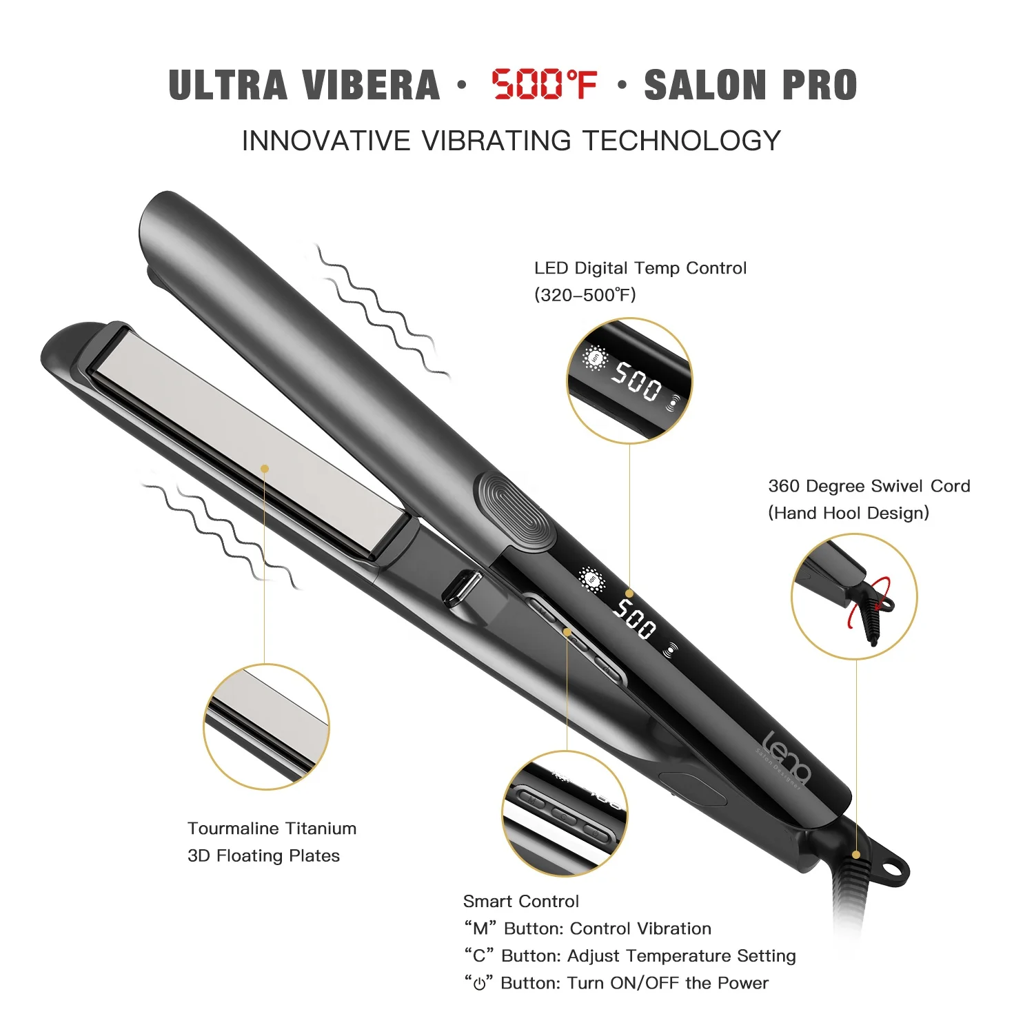Lena Custom Fast Heated Floating Plate 480 500 Degrees Flat Irons Titanium Hair Straightener for Keratin Treatment