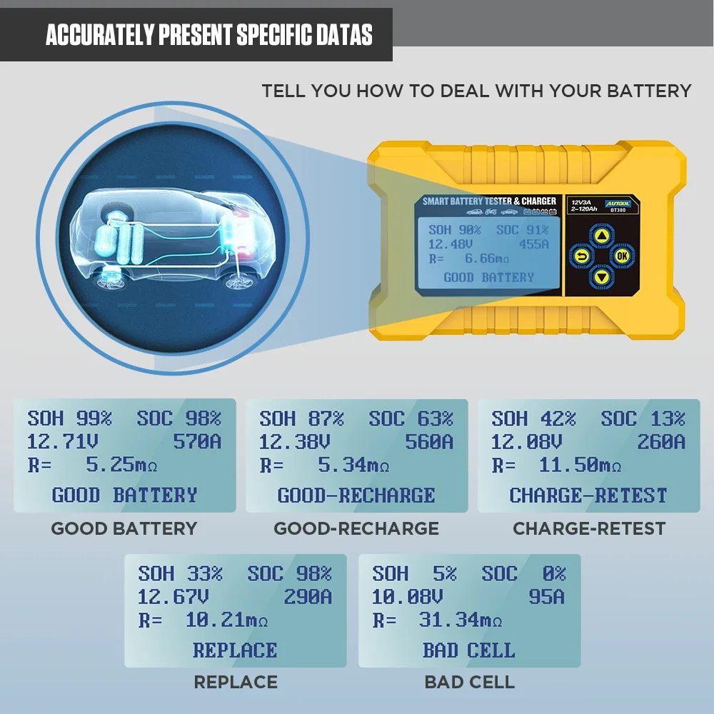 autool bt380 12v汽車電池測試儀和汽車電池充電工具汽車電瓶檢測儀