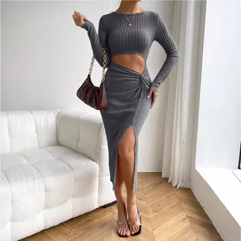 Women's Sexy Sweater Dress Hollow Out Twist Front Knot Thigh High Shorts Slit Hem Plain Color Bodycon Dress