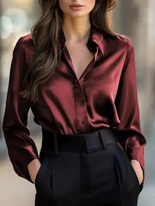 Women Autumn Solid-Color Fashionable Elegant Long-Sleeve Button-Down Shirt