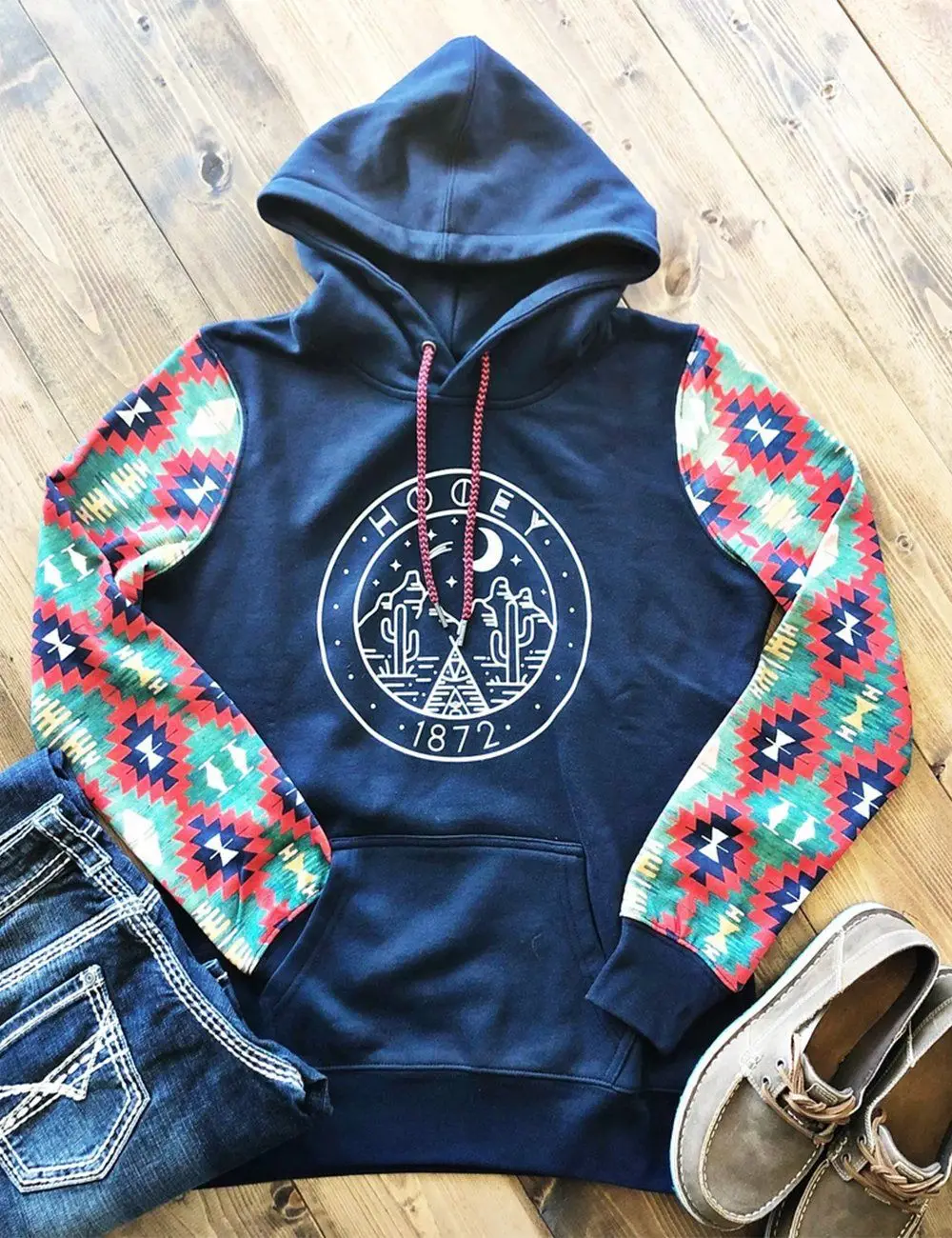 Casual Striped Long Sleeve Pullover Hooded Sweatshirts Fleece Tribal Hoodies with Polyester Lining Color Matching Tops