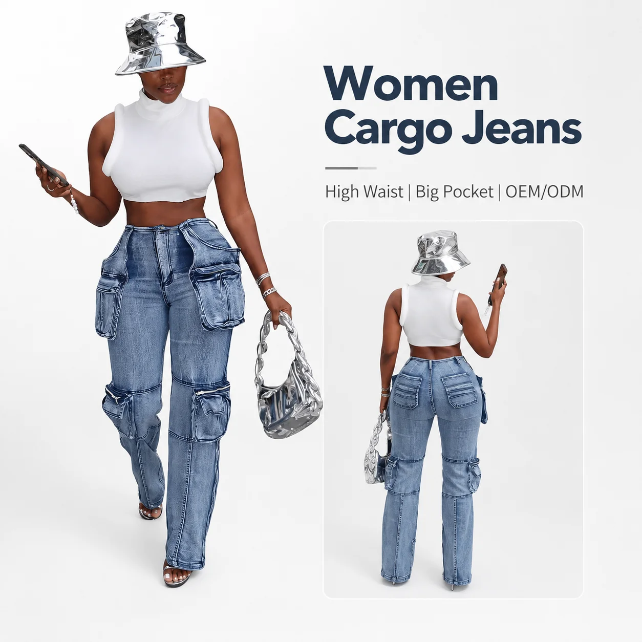 Cargo Jeans Women Big Pocket Loose Female Denim Pants 2024 Spring Winter Casual Straight Trousers with Multi Pockets