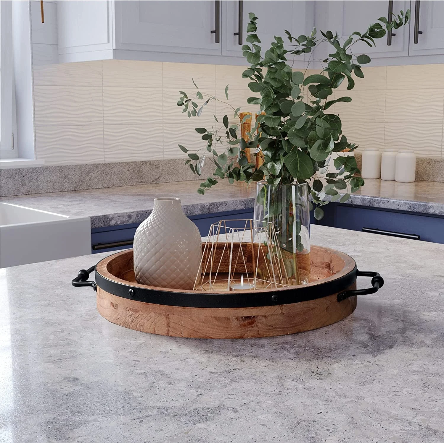 Round Coffee Table Tray 13'' Farmhouse Wood Serving Tray With Metal