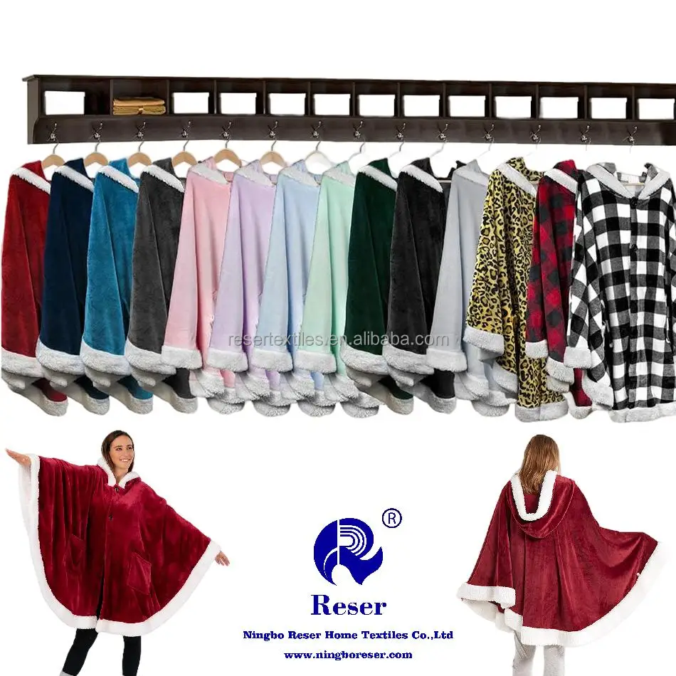 100% Polyester Flannel Fleece Sherpa Anti-Dust Mite Leopard Pattern Winter Quilted Throw Poncho Cape Hood Wearable Blanket for