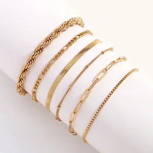 Fashionable Women's Stainless Steel 18K Gold-plated Natural Stone Classic Bead-linked Paperclip Figaro Twist Chain Bracelet