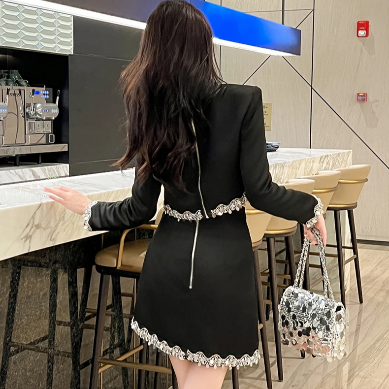 ZYHT New Casual Piece Set Elegant for Women Crop Top Skirts Set Shiny  Beading Black Solid Blouse and A-line Skirt Suit