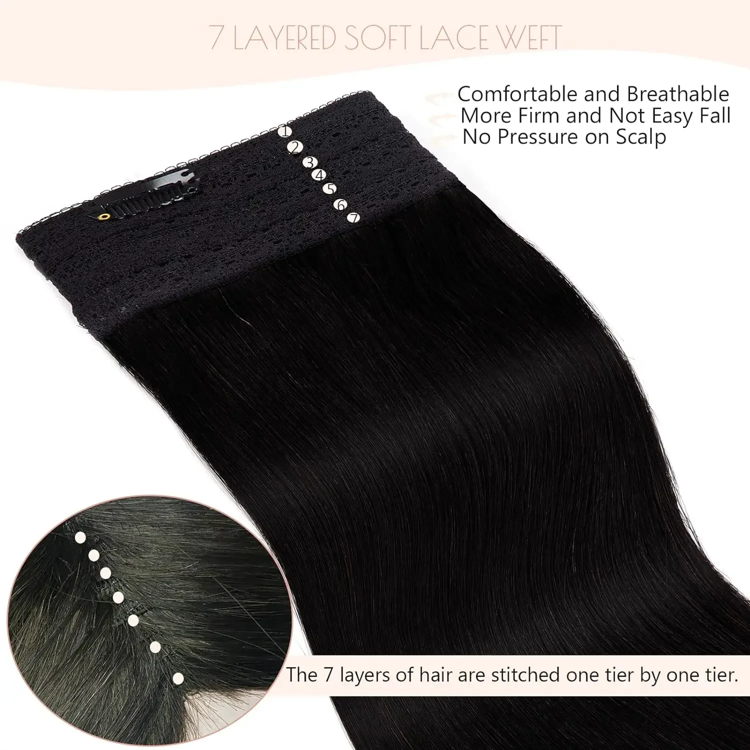 Extension per capelli umani con linea di pesce dritta con 4 clip, filo invisibile, 100% veri capelli neri Remy per donna_voghion.com