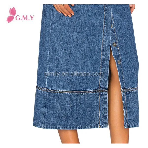 Latest Design Skirts Long Denim Skirts Elastic Waist Opening Open Fork Hem OEM Jeans Wholesale