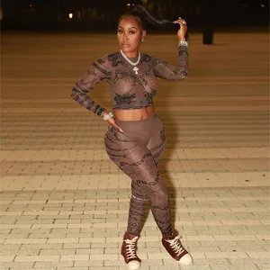 2024 New Autumn Women's Fashion Mesh Embroidery Perspective Trendy High Waist Tight Pants Set