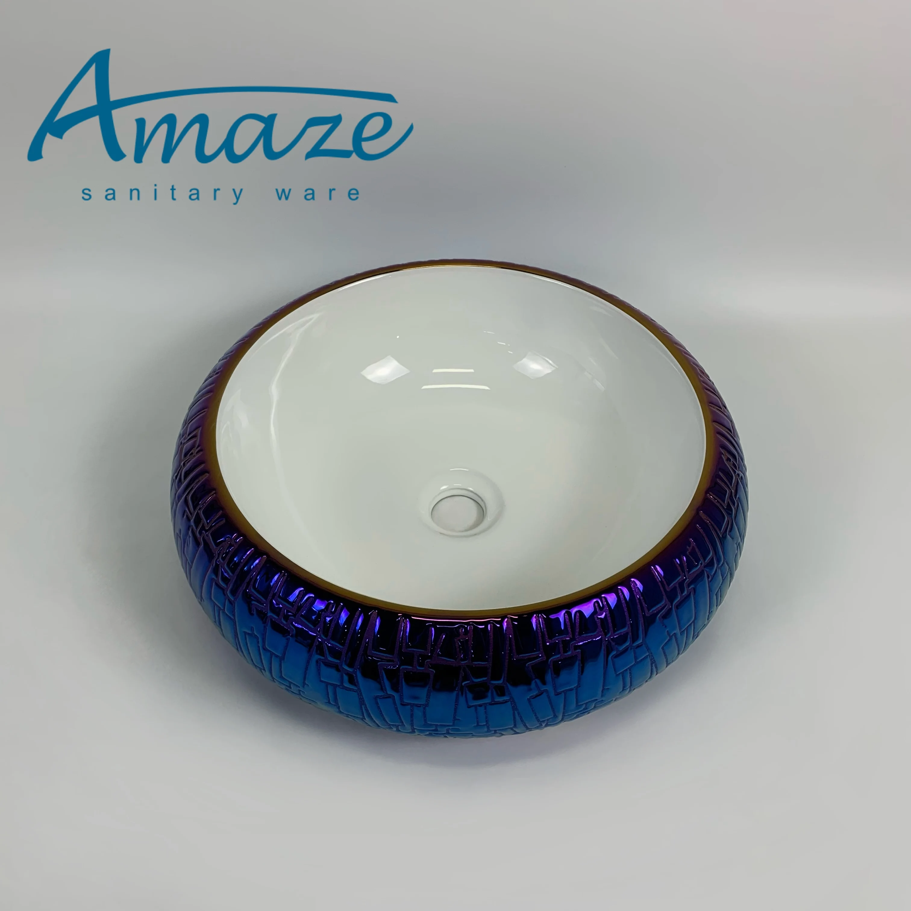 China high quality sanitary ware luxury countertop sink round electroplated blue ceramic art basin home hotel wash basin factory