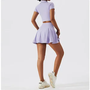 Women's Acid Wash Badge Sequined Golf Tennis Yoga 2 Piece Sets Dress Pleated Skirt Racerback Padded Crop Top Workout Outfits