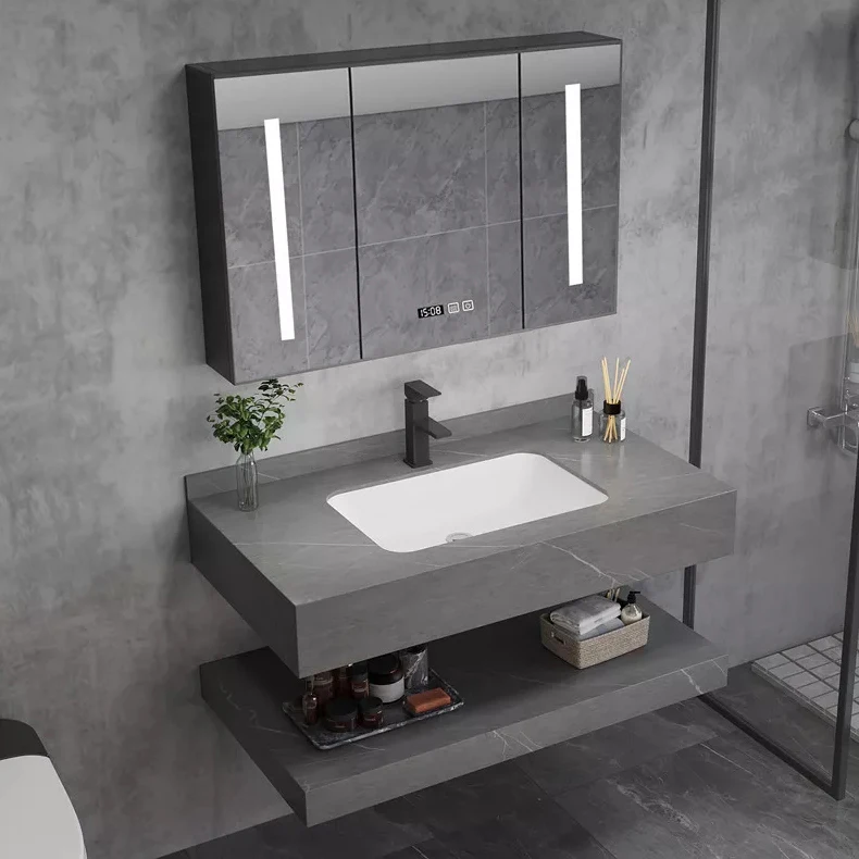 Customized wall mount artificial stone modern bathroom marble cabinet hand wash basin sintered stone vanity sink with mirror manufacture