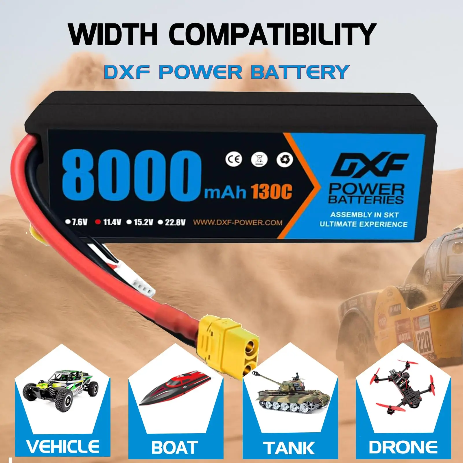 Pacote com 2 baterias Lipo 3S DXF, 8000mAh, 130C, conector XT90 para veículos 1/8 e 1/10 como Losi, Team Associated, helicópteros e muito mais._voghion.com