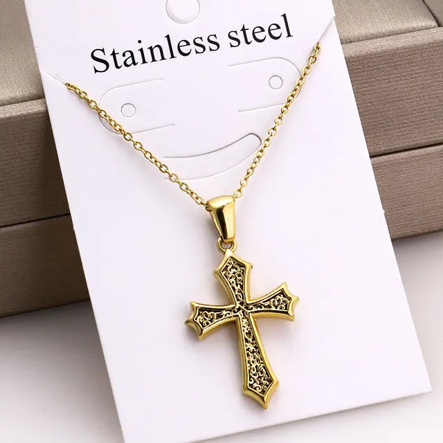Stainless Steel Classic Cross Pendant Necklace Unisex Gold Plated Link Chain for Engagement & Gift Fashion Men's Jewelry