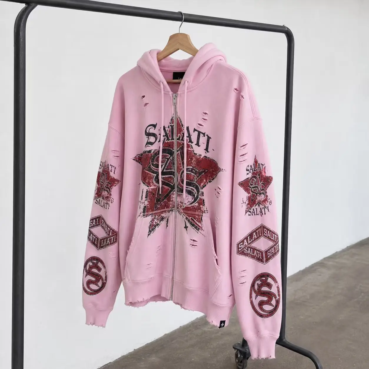OEM Custom Men Hoodies Multi Color Washed Full Zip Oversized Gothic Graphic Distressed Streetwear Fashion Men Zip Up Hoodie gallery 2