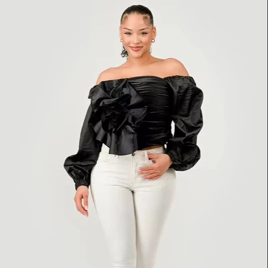 Elegant Off-shoulder Top For Ladies Fashionable Summer Office Wear With Large Floral Decoration Woven Short Clothing - Image 1