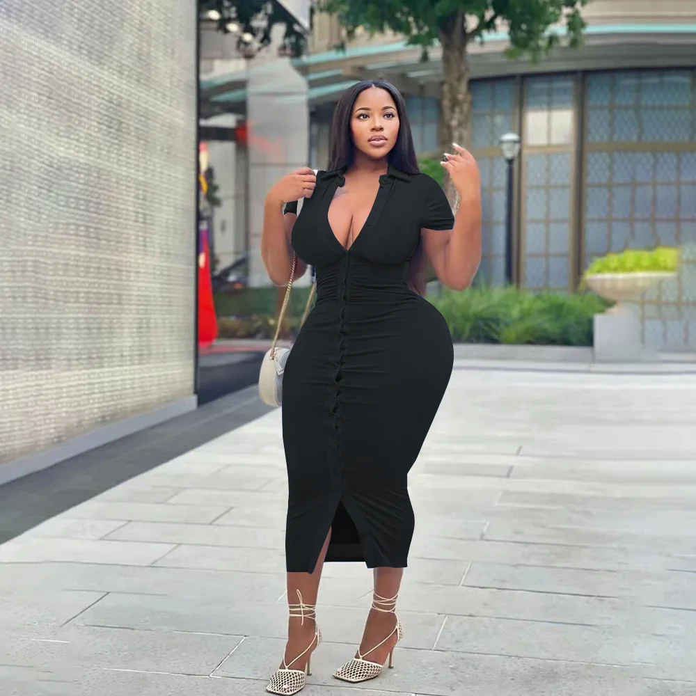 P80548 New Fashion Summer Solid Black Sexy Dress Slit Button Fat Lady  Clothing Maxi Dress Custom v Neck Women Plus Size Dress Shop Our P80548 Dress - Sexy, Solid Black Maxi for Plus Size