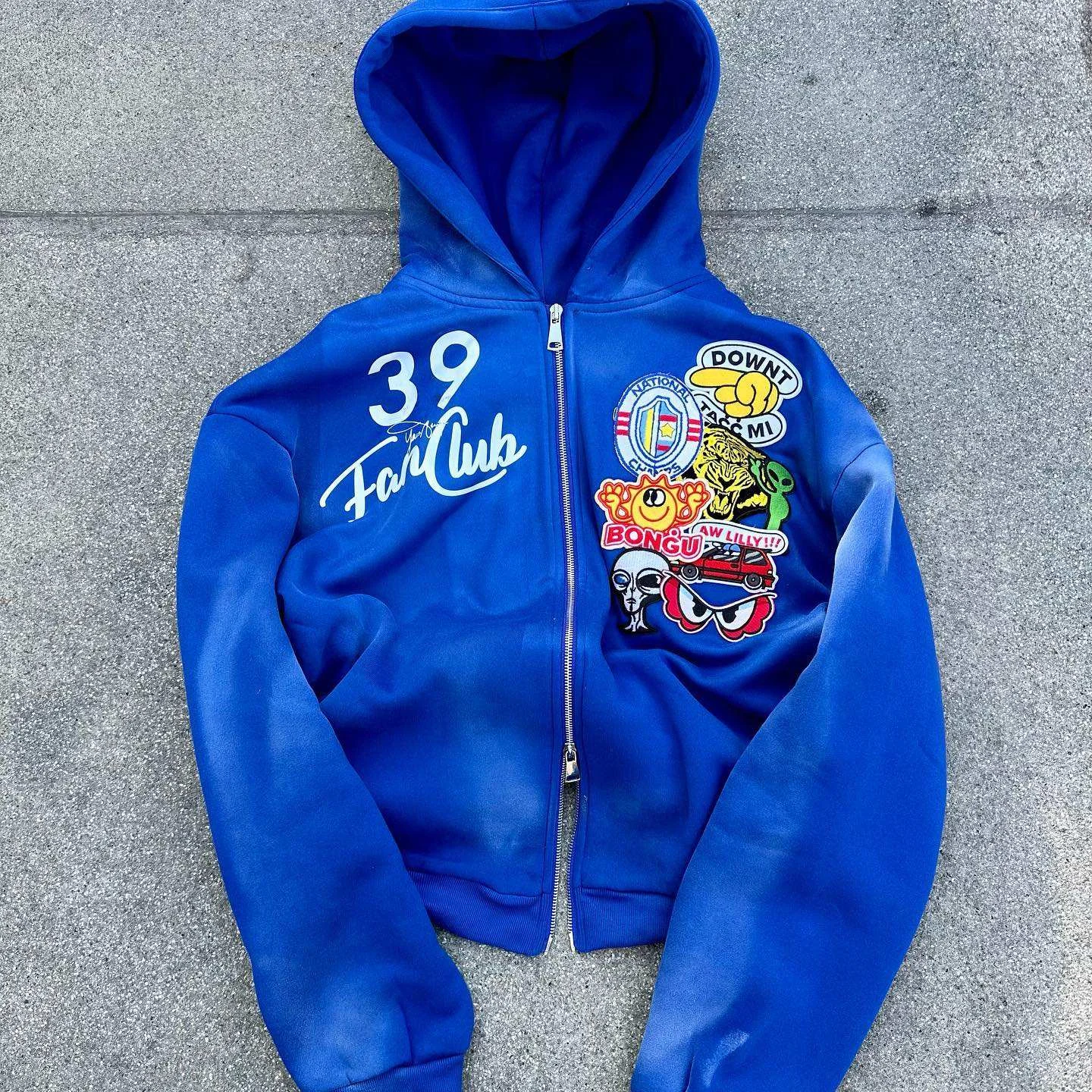 Custom Embroidery Men Heavyweight Sun Faded Zip-Up Hoodie with Embroidered Chenille Patch Applique Boxy Design for Winter Season gallery 3